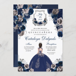 Invitation Marine Bleu & Argent Floral Elegant Quinceañera