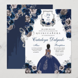 Invitation Marine Bleu & Argent Floral Elegant Quinceañera