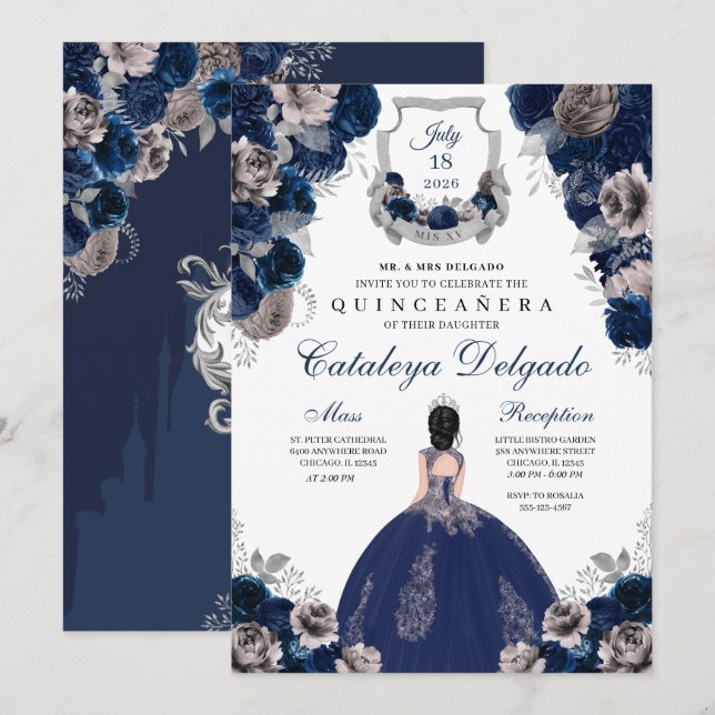 Invitation Marine Bleu & Argent Floral Elegant Quinceañera (Devant / Derrière)