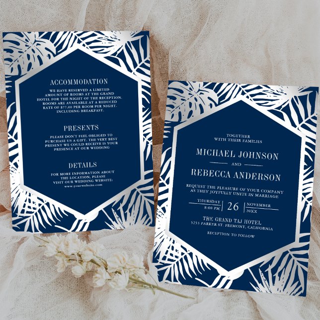 Invitation Marine Bleu Argent Palme Tropicale Tout en un Mari (Créateur téléchargé)