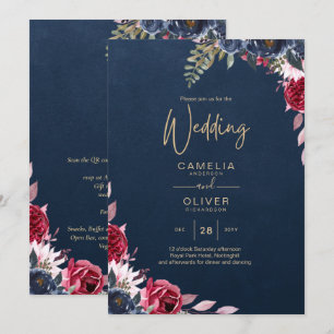 Invitation Marine Bleu Berry Floral Bourgogne hiver automne