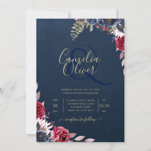 Invitation Marine Bleu Berry Floral Bourgogne hiver automne