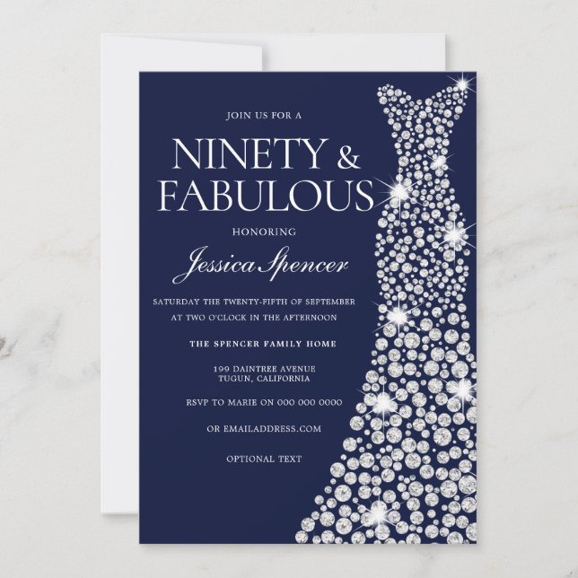 Invitation Marine Bleu Blanc Diamant Robe 90e anniversaire fê (Devant)