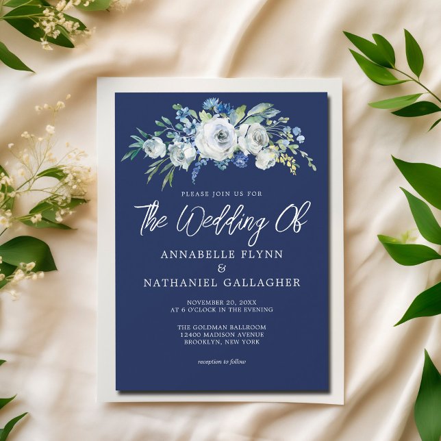 Invitation Marine Bleu Blanc Floral Élégant Mariage d'hiver (Créateur téléchargé)