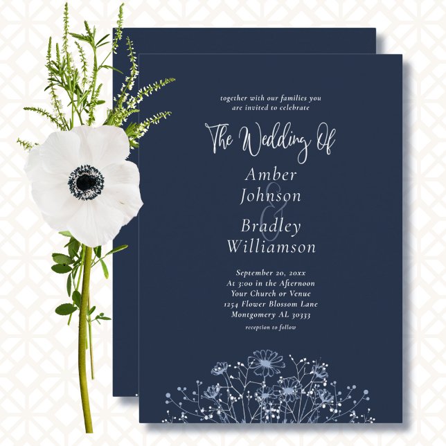 Invitation Marine bleu blanc Floral Minimal QR Code Mariage (Créateur téléchargé)