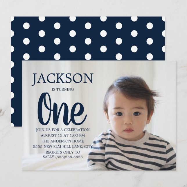 Invitation Marine Bleu blanc Polka Dot enfant 1er anniversair (Devant / Derrière)