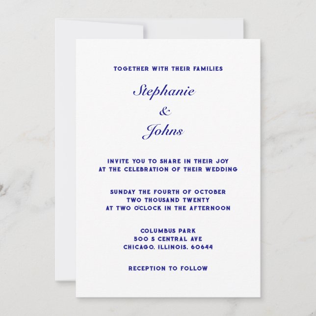 Invitation Marine Bleu Blanc Simple Minimal Mariage élégant (Devant)