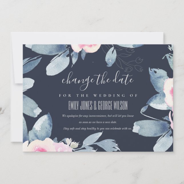 INVITATION MARINE BLEU BLEU MARIAGE FLORAL CHANGER LA DATE (Devant)