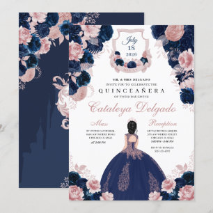 Invitation Marine Bleu & Blush rose Floral Elegant Quinceañer