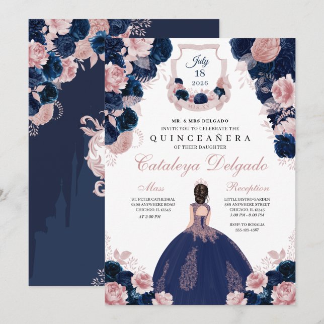 Invitation Marine Bleu & Blush rose Floral Elegant Quinceañer (Devant / Derrière)