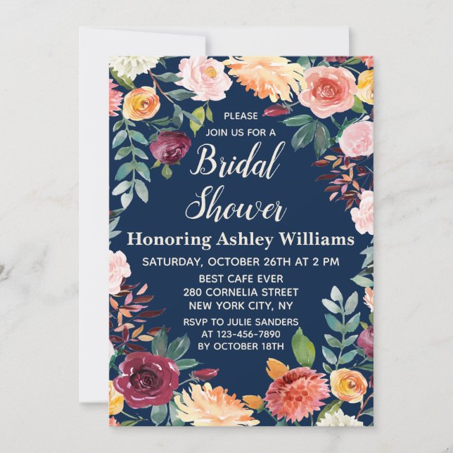 Invitation Marine Bleu Boho Vert automne Fête des mariées flo (Devant)