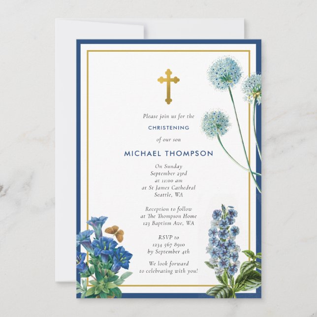 Invitation Marine Bleu Botanique & Baptême d'or Christening B (Devant)