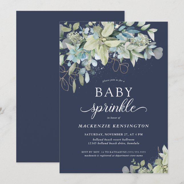 Invitation Marine Bleu Botanique Eucalyptus Bébé saupoudrer (Devant / Derrière)
