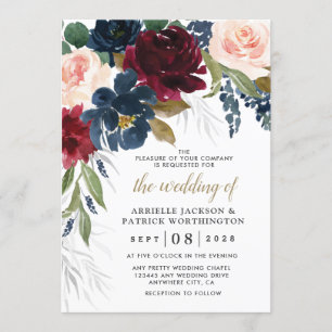 Invitation Marine Bleu Bourgogne Bleu rose Argent Mariage Or