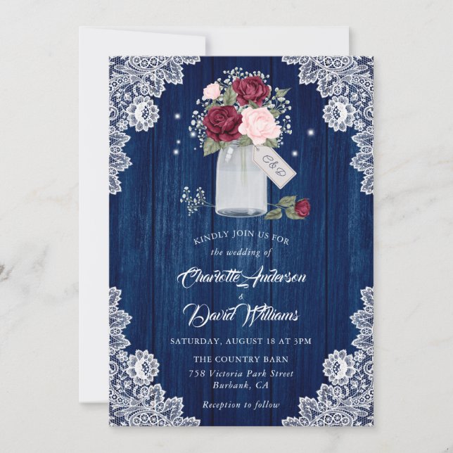 Invitation Marine bleu Bourgogne Blush Lace Mason Jar Mariage (Devant)
