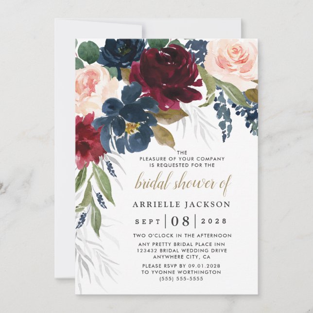 Invitation Marine Bleu Bourgogne Blush rose Fête des mariées  (Devant)