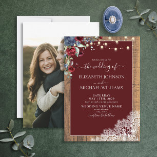Invitation Marine Bleu Bourgogne Bois Script dentelle Photo M