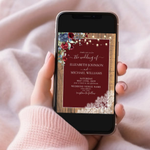 Invitation Marine Bleu Bourgogne Bois Script dentelle Photo M