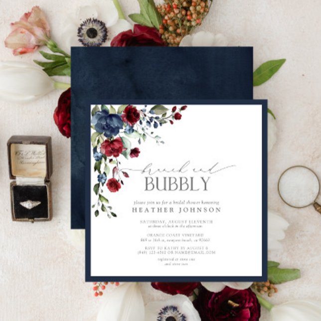 Invitation Marine Bleu Bourgogne Botanique Brunch Bubbly Douc (Créateur téléchargé)