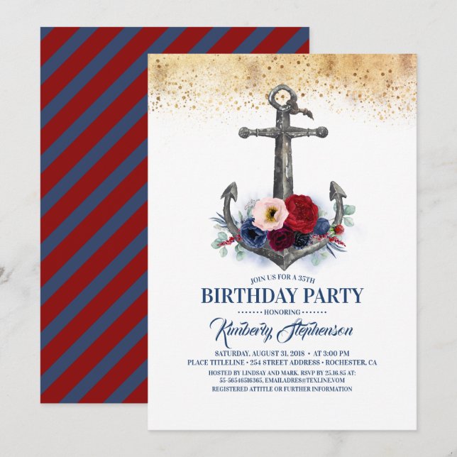 Invitation Marine Bleu Bourgogne Floral Ancre Nautique Annive (Devant / Derrière)