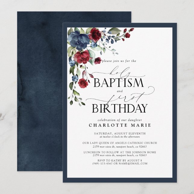 Invitation Marine Bleu Bourgogne Floral Baptême 1er anniversa (Devant / Derrière)