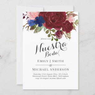 Invitation Marine Bleu Bourgogne Floral Nuestra Boda Espagnol