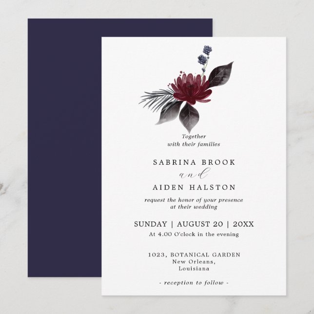 Invitation Marine Bleu Bourgogne gothique Floral Mariage (Devant / Derrière)