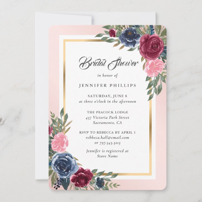Invitation Marine Bleu Bourgogne Or Blush Floral Fête des mar (Devant)