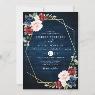 Invitation Marine Bleu Bourgogne Or Blush Mariage campagnard 