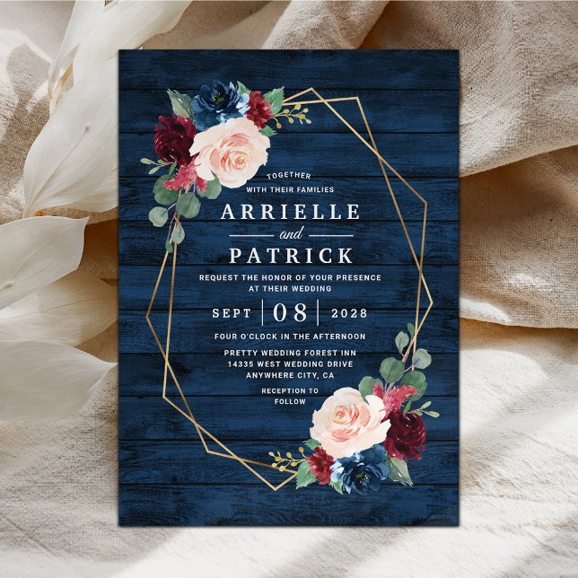 Invitation Marine Bleu Bourgogne Or Blush Mariage campagnard  (Créateur téléchargé)