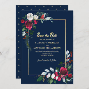 Invitation Marine Bleu Bourgogne or Floral Enregistrer la dat