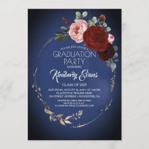 Invitation Marine Bleu Bourgogne Rouge et or Floral Graduatio