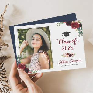 Invitation Marine Bleu Bourgogne Rouge Floral Photo Graduatio