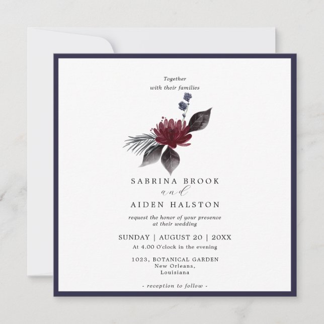 Invitation Marine Bleu Bourgogne Rouge Gothique Floral Mariag (Devant)