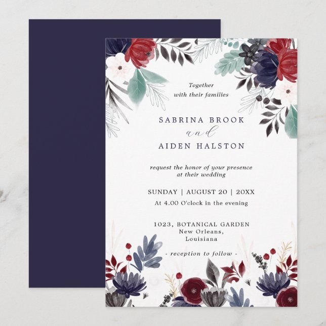 Invitation Marine Bleu Bourgogne Rouge Gothique Floral Mariag (Devant / Derrière)
