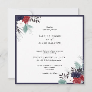 Invitation Marine Bleu Bourgogne Rouge Gothique Floral Mariag
