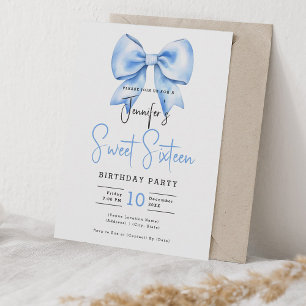 Invitation Marine Bleu Bow Coquette Cute Script Sweet 16