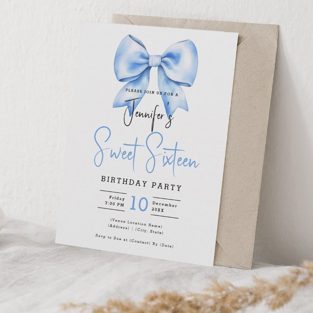 Invitation Marine Bleu Bow Coquette Cute Script Sweet 16 (Navy Blue Bow Coquette Cute Script Sweet 16 Invitation)