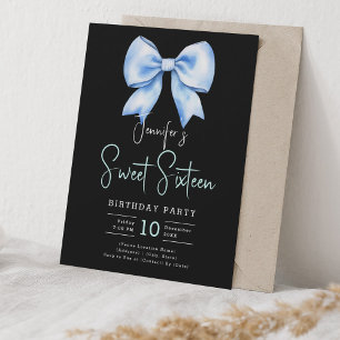 Invitation Marine Bleu Bow Coquette Script Sweet 16 Noir