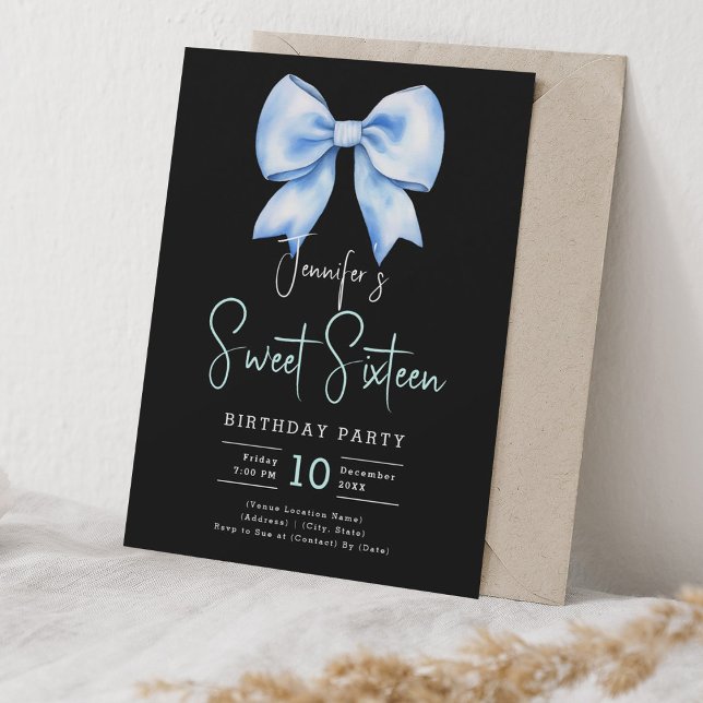 Invitation Marine Bleu Bow Coquette Script Sweet 16 Noir (Navy Blue Bow Coquette Script Sweet 16 Black Invitation)
