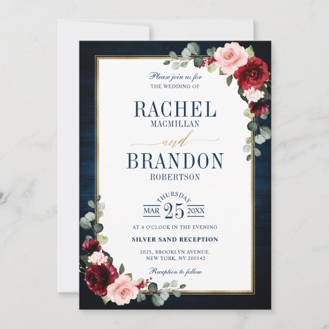 Invitation Marine Bleu Brousse Bourgogne Or Mariage géométriq (Devant)