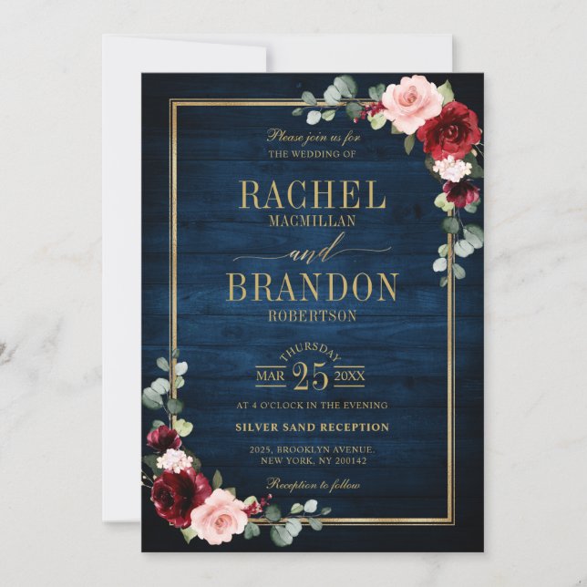 Invitation Marine Bleu Brousse Bourgogne Or Mariage géométriq (Devant)