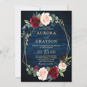 Invitation Marine Bleu Brousse Bourgogne Or Mariage géométriq