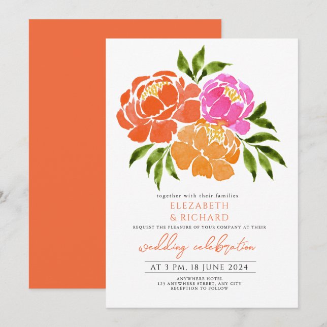 Invitation Marine Bleu Brûlé Orange Terracotta Mariage Floral (Devant / Derrière)