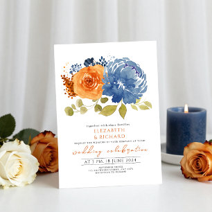 Invitation Marine Bleu Brûlé Orange Terracotta Mariage Floral