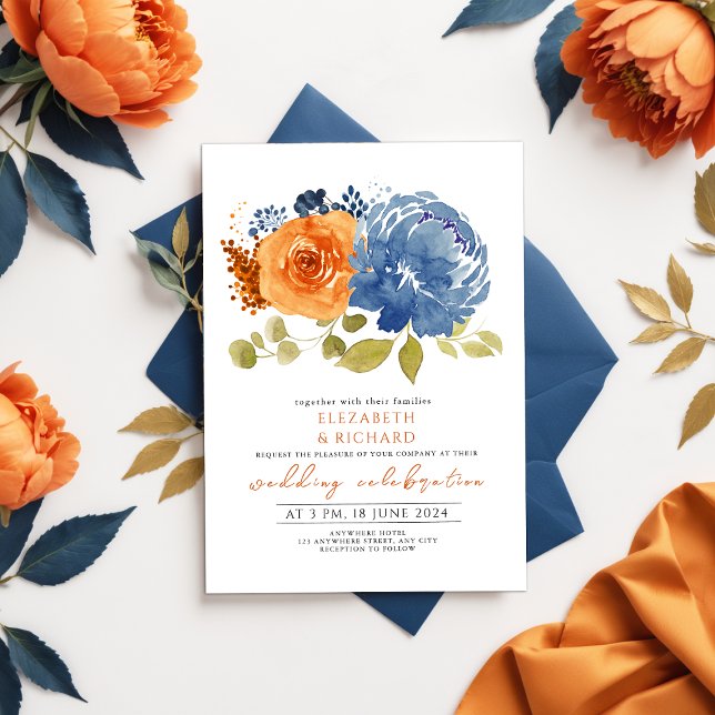 Invitation Marine Bleu Brûlé Orange Terracotta Mariage Floral (Créateur téléchargé)
