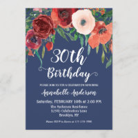 Marine Bleu Corail Bourgogne Floral Script Anniver