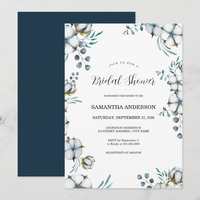 Invitation Marine bleu Cotton fleurs eucalyptus Fête des mari (Devant / Derrière)