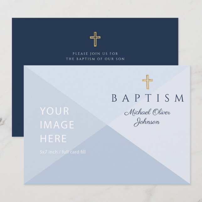 Invitation Marine Bleu Croix religieuse Boy Baptême Image per (Devant / Derrière)