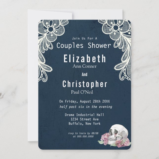 Invitation Marine bleu dentelle crâne rose roses Couples Douc (Devant)